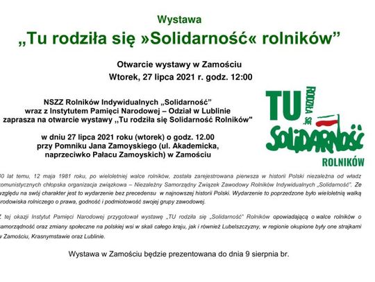 Jutro w Zamościu otwarcie wystawy ,,Tu rodziła się Solidarność Rolników” 