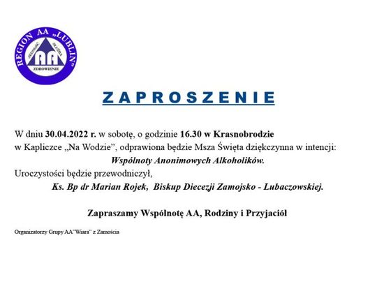 Msza św. dziękczynna w intencji Wspólnoty AA (30.04)