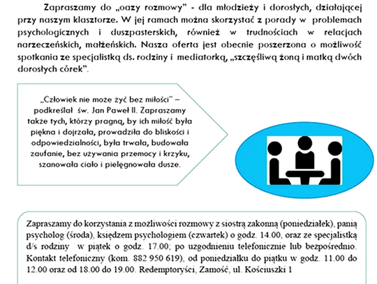 "Oaza rozmowy" czeka na tych, którzy szukają pomocy w wyjściu z problemów