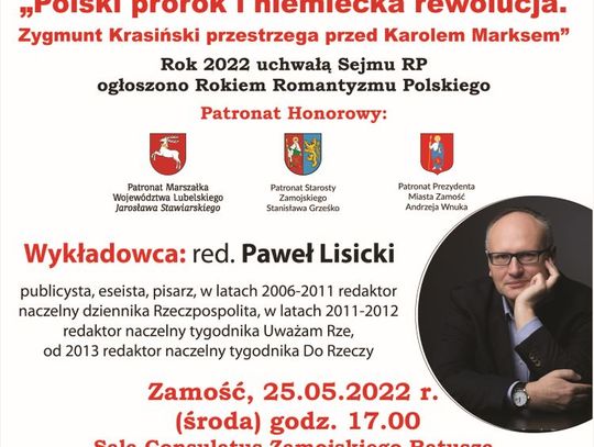 Wykład Pawła Lisickiego 25 maja w sali Consulatus zamojskiego Ratusza