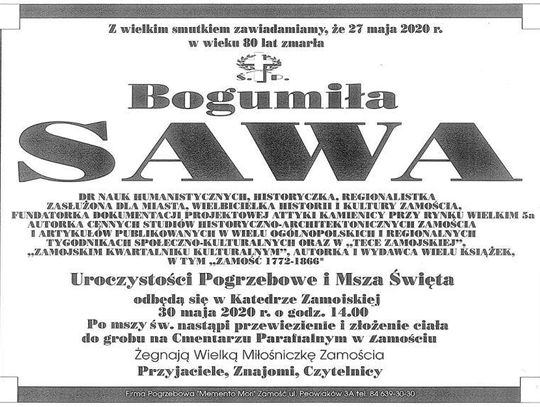 Zmarła dr Bogumiła Sawa, regionalistka, badaczka przeszłości Zamościa