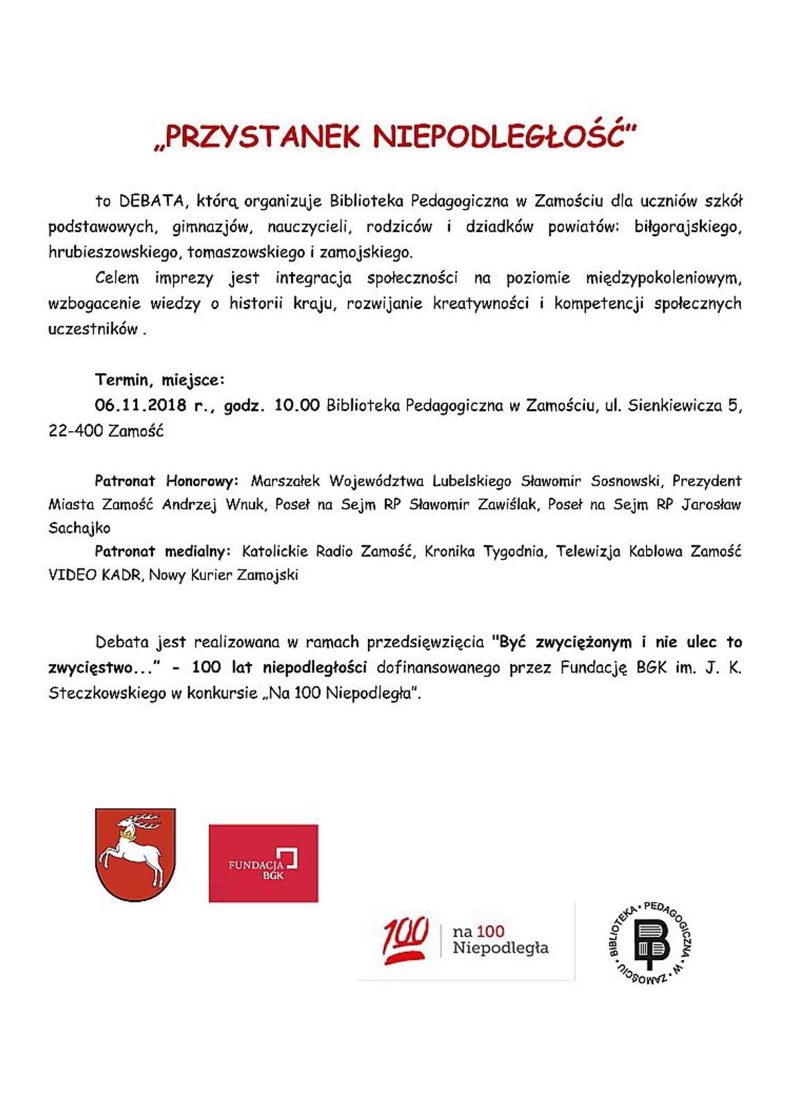 Debata "Przystanek niepodległość" w Bibliotece Pedagogicznej w Zamościu 6.11.2018