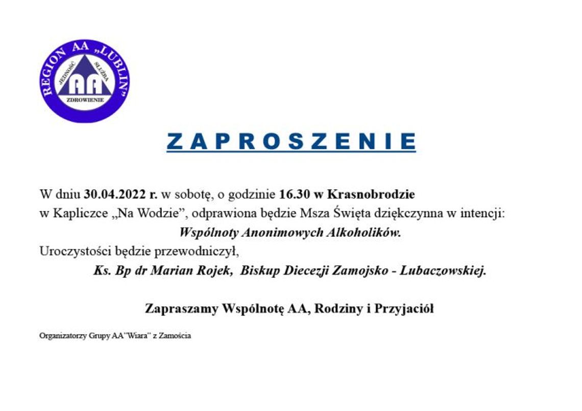 Msza św. dziękczynna w intencji Wspólnoty AA (30.04)