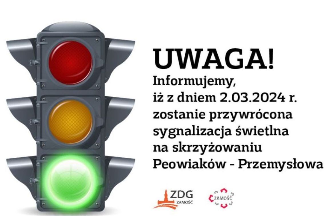 Sygnalizacja świetlna na skrzyżowaniu ulic Peowiaków i Przemysłowej w Zamościu