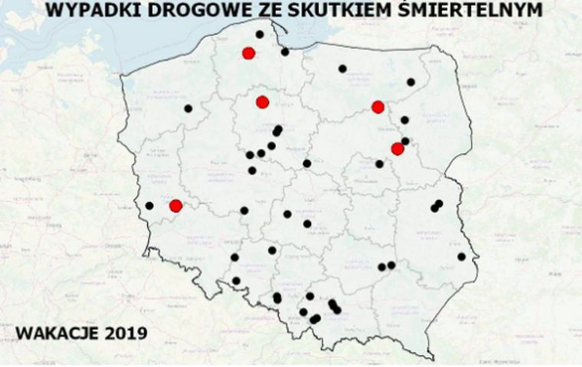 Wakacyjna mapa wypadków drogowych ze skutkiem śmiertelnym 