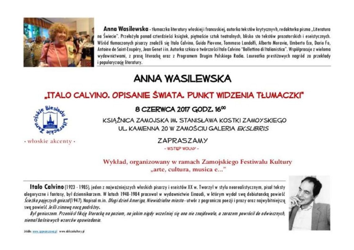 Włoskie akcenty literackie podczas Zamojskiego Festiwalu Kultury