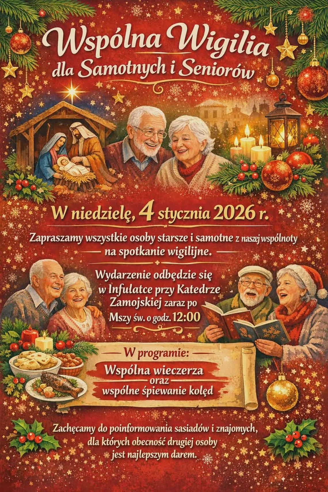 Zaproszenie na spotkanie wigilijne dla seniorów i osób samotnych z katedralnej wspólnoty
