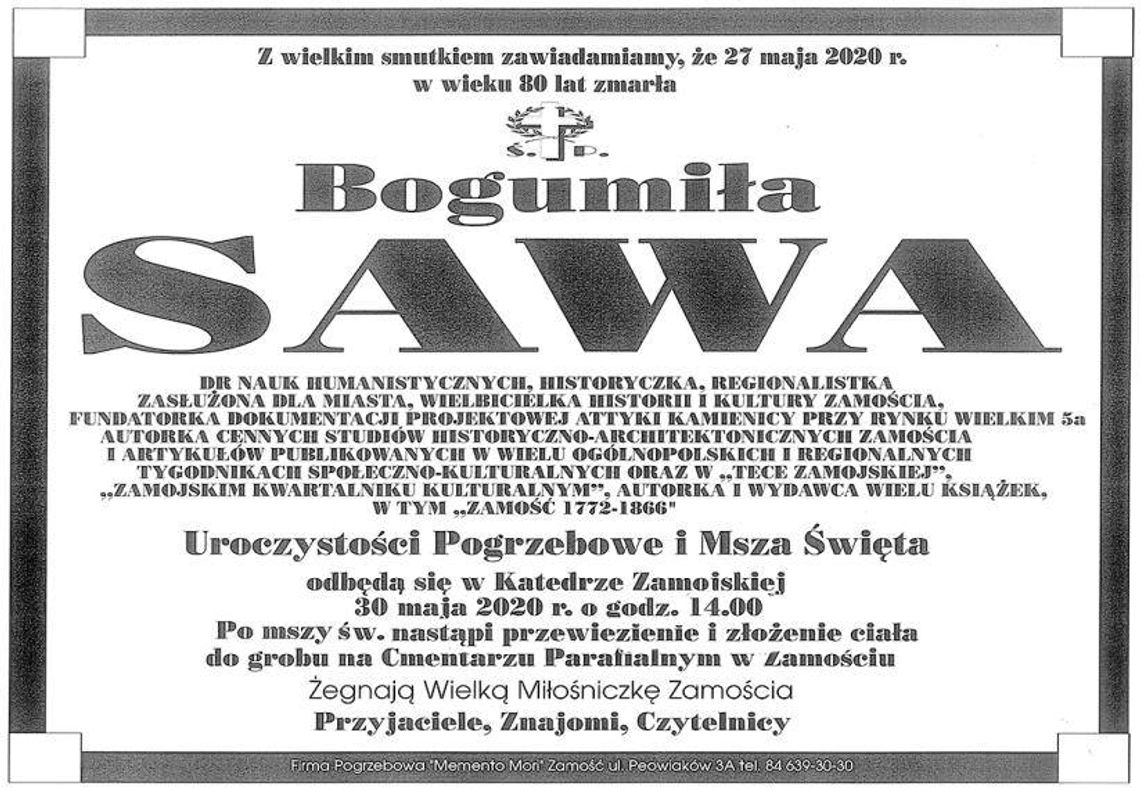 Zmarła dr Bogumiła Sawa, regionalistka, badaczka przeszłości Zamościa